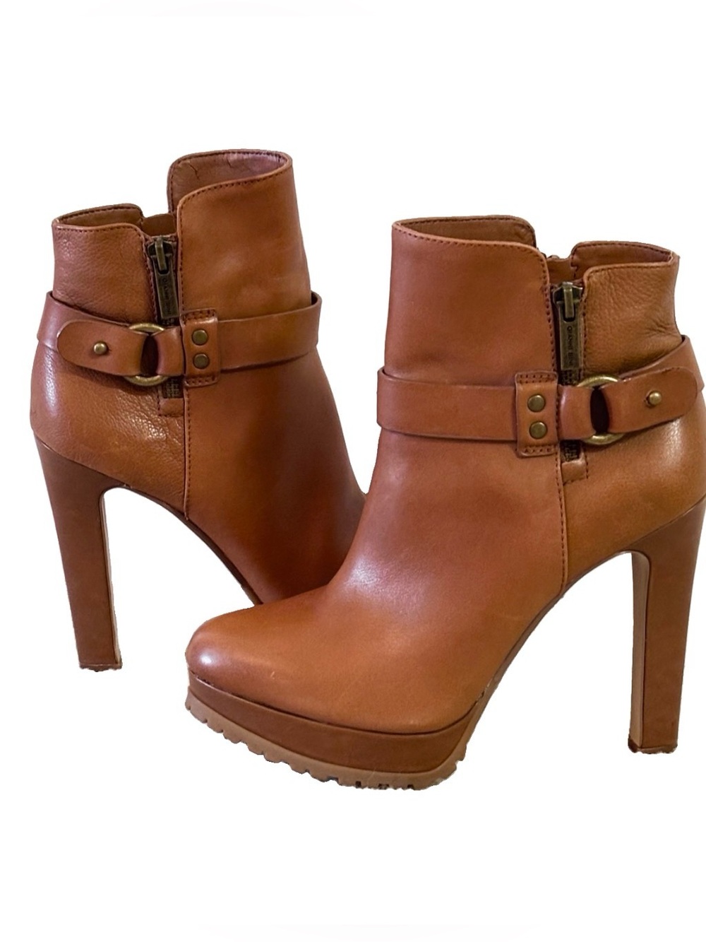 Gianni Bini Fayette O-Ring Buckle Leather Boots Cognac EUC Size 7